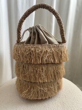 KAYU Raffia Fringe Bucket Bag | Natural Straw Basket Tote |
